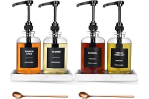 MUVEKA Coffee Syrup Dispenser for Coffee Bar, Glass Syrup Dispenser with Pump, Coffee Syrup Pump Dispenser Bottle with Tray, Spoon for Coffee Station, Coffee Bar Organizer, Black,16.9 oz, 500 ml