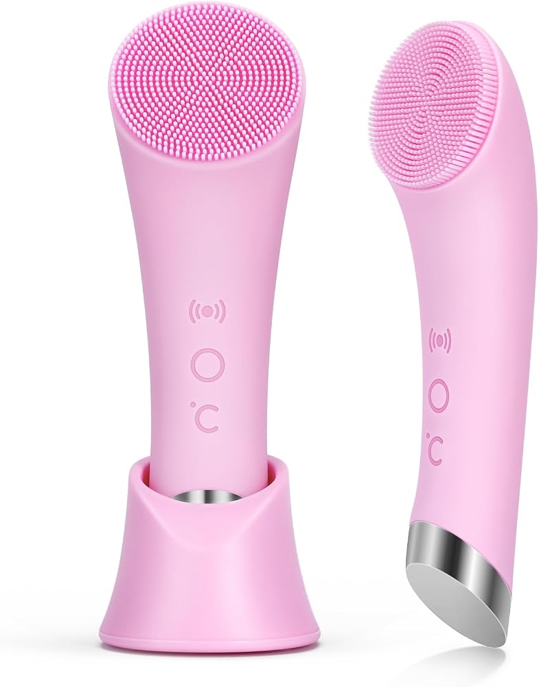 PRITECH Facial Cleansing Brush, Rechargeable Silicone Face Scrubber with Heat Massage End, Vibrating Exfoliator Scrubber for