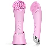 PRITECH Facial Cleansing Brush, Rechargeable Silicone Face Scrubber with Heat Massage End, Vibrating Exfoliator Scrubber for Deep Cleaning, Waterproof Face Brush for Women and Men (Pink)