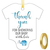 50 PCS Thank You for Showering Our Baby with Love, Cute Blue Elephant Thank You Tags, Baby Onesie Shaped Gift Tags, Baby Shower Favor Tags, Baby Shower Birthday Party Favor Decorations.