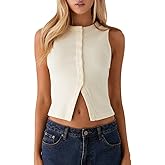 Luckinbaby Women Y2k Knitted Button Down Tank Top Summer Ribbed Sleeveless Vest Tops Sleeveless Slim Fit Cropped Shirts
