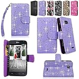Cellularvilla Wallet Case for LG Optimus L70 (MetroPCS) MS323 / Optimus Exceed II (Verizon) VS450 / Dual D325 Pu Leather Shiny Glitter Wallet Card Flip Open Pocket Case Cover Pouch (Purple Glitter)