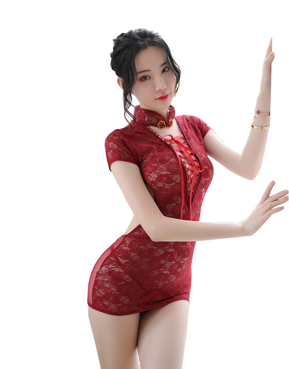 SINMIUANIME Women Lingerie Sexy Role-Playing Lingerie Cheongsam Clothing mesh Bandage Doll Dress, Red, One Size