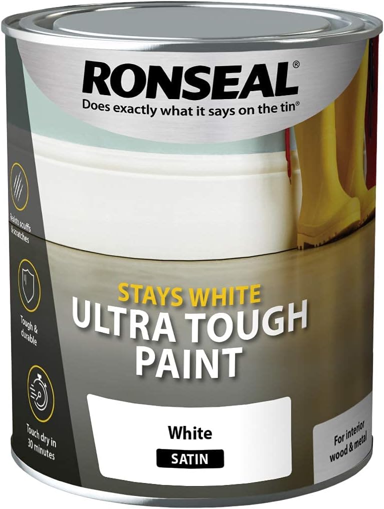 Ronseal Stays Ultra Tough Satin White Paint 750ml Durable Abrasion Resistant