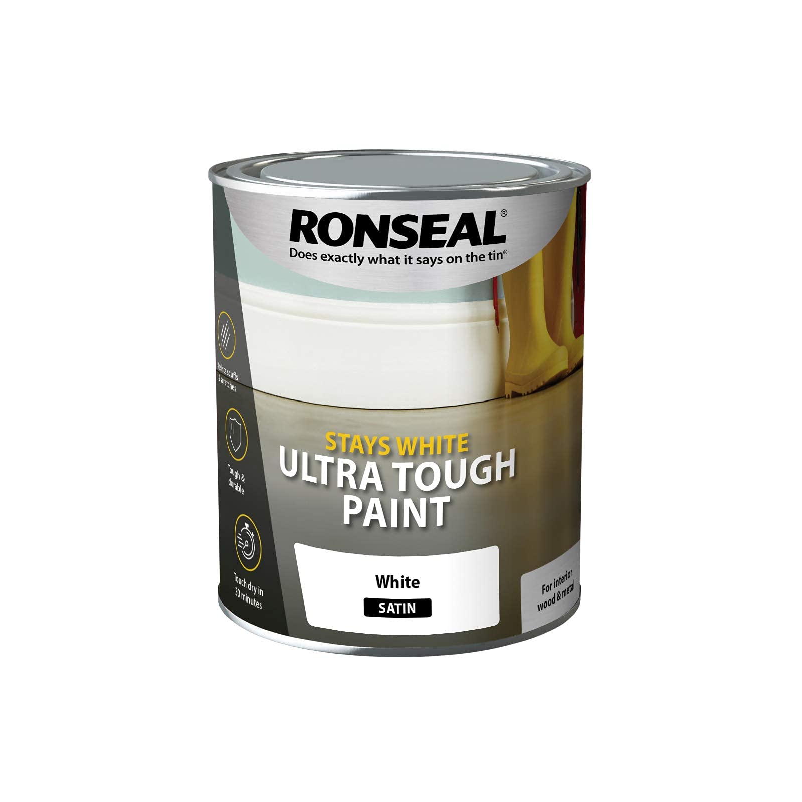 Ronseal RSLSWUTSP750 Stays Ultra Tough Satin Paint, White, 750 ml