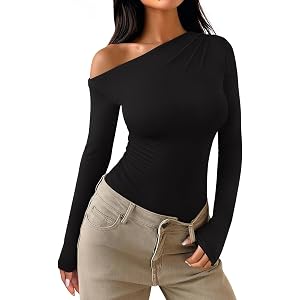 REORIA Womens Sexy Off the Shoulder Long Sleeve Bodysuit Side Ruched Tops | One shoulder, double lined, trendy, Y2K, casual,