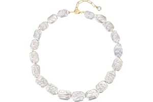 Besalon Baroque Pearl Necklaces White Real Freshwater Cultured Big Flat Pearls 16K/18K Gold Plated Pearl Pendant Necklace for Women Coin/Irregular/Rectangular Shaped Pearl Wedding Christmas Gifts