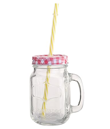 Favola Mason Glass Jars With Handle And Colored Check Pattern Tight Cap With Hole And High Quality Re-Usable Straw (Set Of 1)
