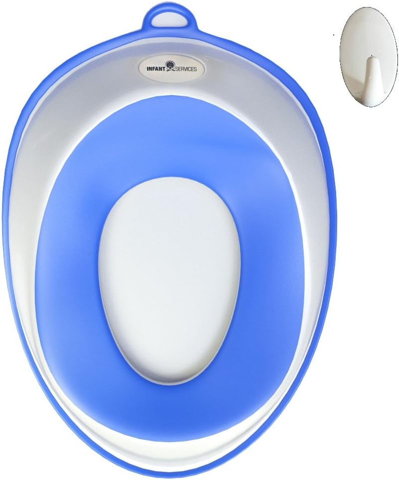 Infant Services Portable Toilet Potty Training Seat With Hook - Comfortable For Kids & Toddlers - Safe Non-Slip Surface - Hygienic and Durable & Free Storage Hooks - Blue