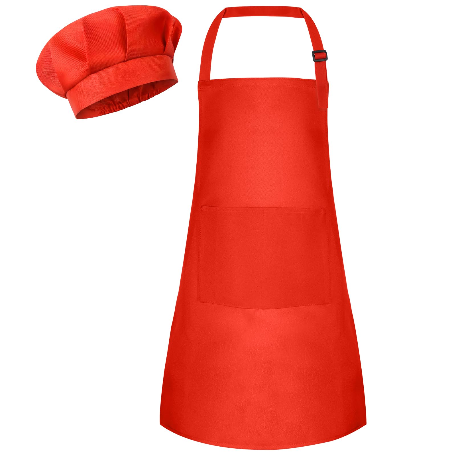Bouiexye 1 Set Kids Apron and Chef Hat Set Children Apron Adjustable with 2 Pockets Children Chef Painting for Cooking Baking Painting Crafts Making (Red)