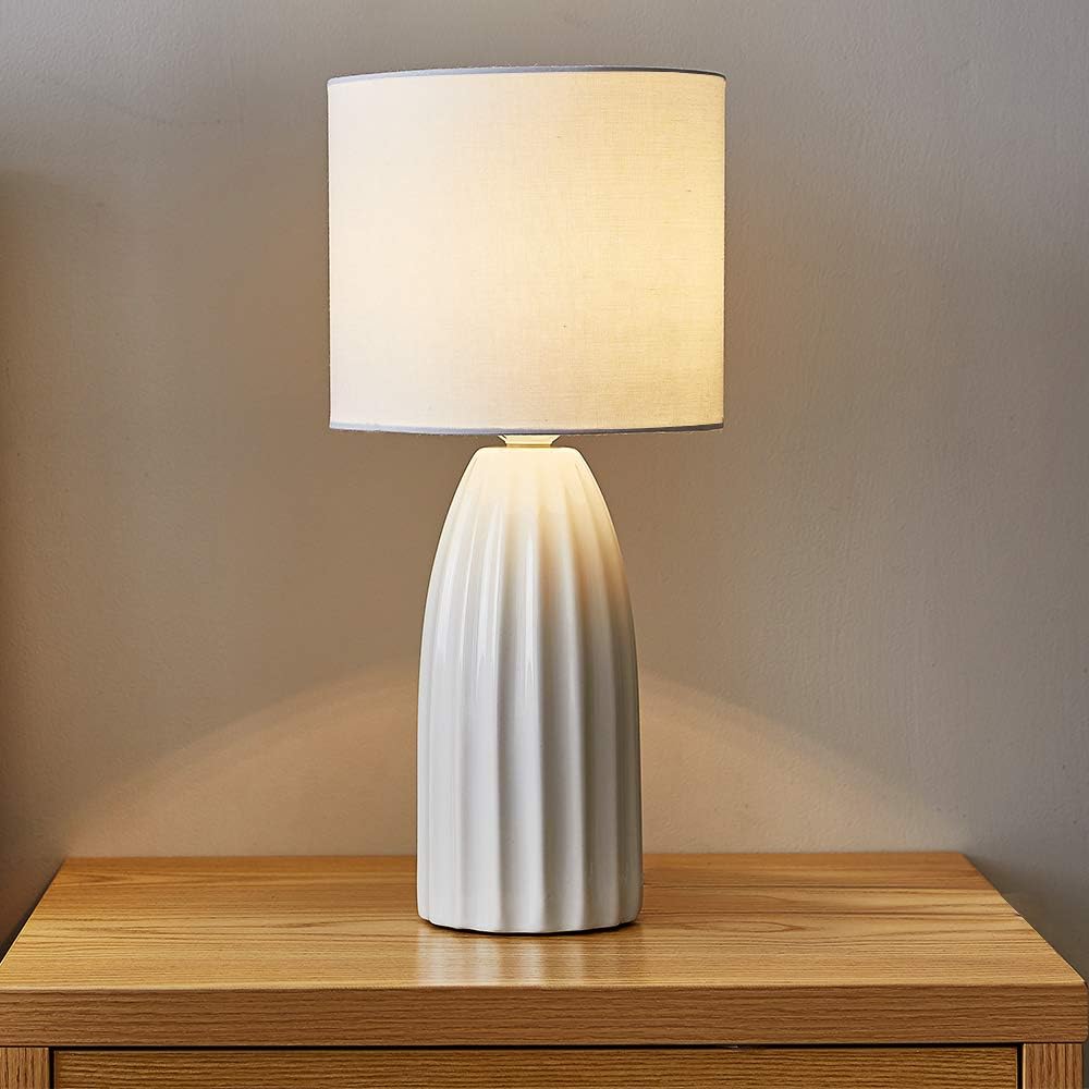 Sottae Modern Small White Ceramic Table Lamp Geometric Beside Cute Desk Lamp Rustic Nightstand Lamps With White Fabric Shade For Living Rooom Bedroom Amazon Com