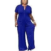 Hostoyo Plus Size Jumpsuits for Women Casual Wide Leg Crew Neck Short Sleeve Long Pants Romper With Pockets