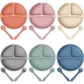 Potchen 6 Pack Suction Plates for Baby with Spoon Fork Divided Toddler Plate with Suction Silicone Baby Self Feeding Set for Boys Girls (Dark Gray, Army, Dark Blue, Orange, Khaki, Pink)