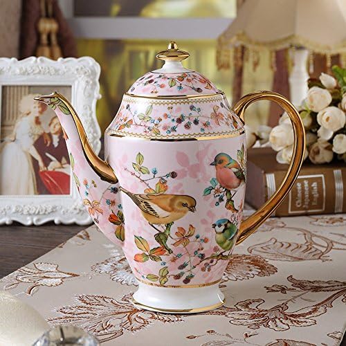 NDHT Bone China 9.5" Ceramic Teapot Coffee Pot with Lid,Pink Bird,1000ml,25X25X9 cm,with Gift Box