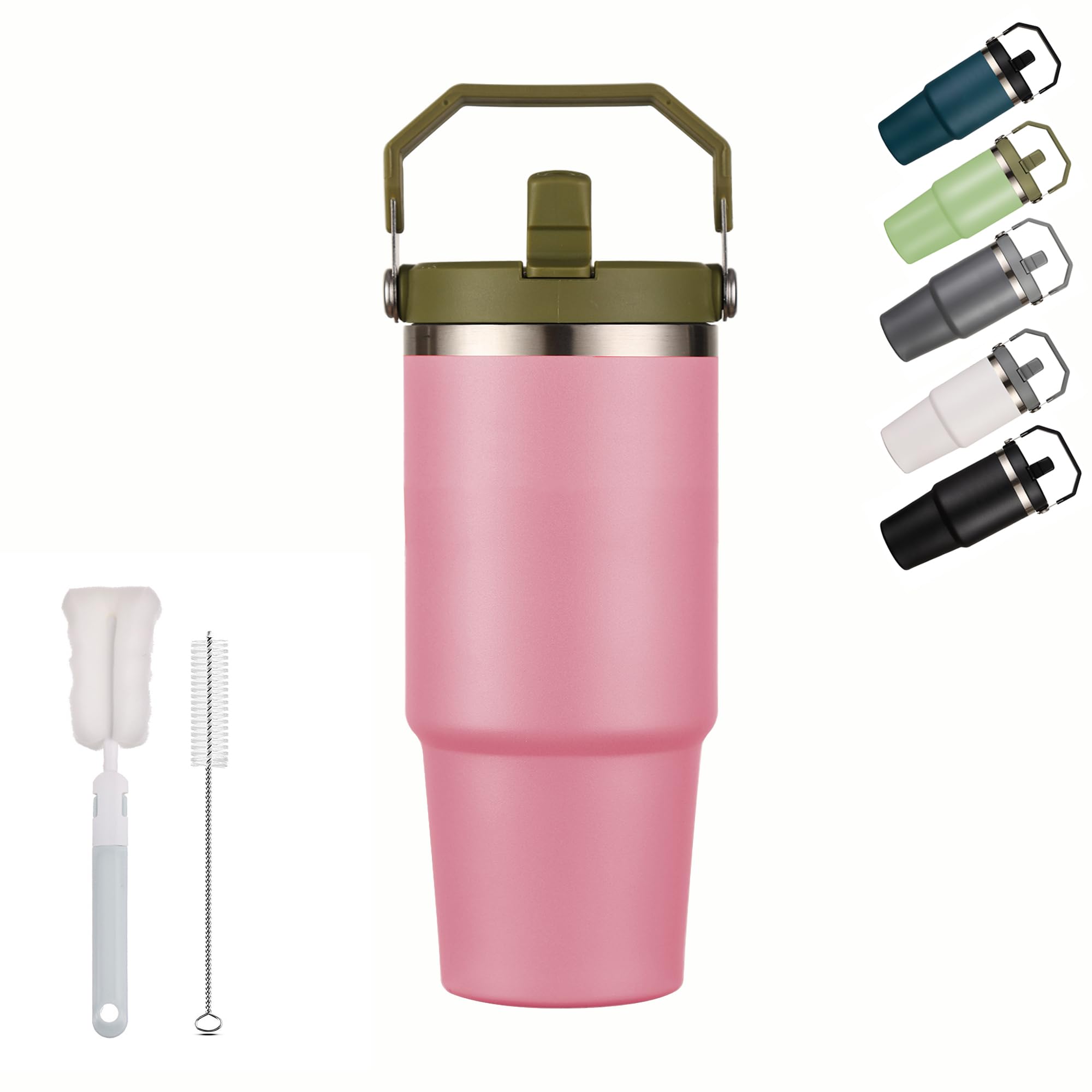 XIXIAMI Travel Mug with Handle 600ml-20oz Insulated Tumbler with Straw & Lid Leakproof Coffee Mug for Hot or Iced Drink |Stainless Steel Thermal Cup-Pink