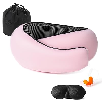 Travel Neck Pillows for Airplanes Or Trains, 360° Head Support Sleep for Long Flight, Skin-Friendly and Breathable, Kit with 3D Contoured Eye Mask, Earplugs and Storage Bag Gifts for Family