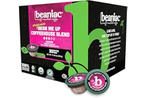 beaniac Organic Bean Me Up Coffeehouse Blend, Medium Roast, Single Serve Compostable K Cup Coffee Pods, Organic Arabica Coffee, Keurig Brewer Compatible, 30 Count