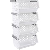 Lasbily Set of 4 Plastic Stackable Storage Baskets | Stackable Organizer Bins for Kitchen, Pantry and Bathroom, White