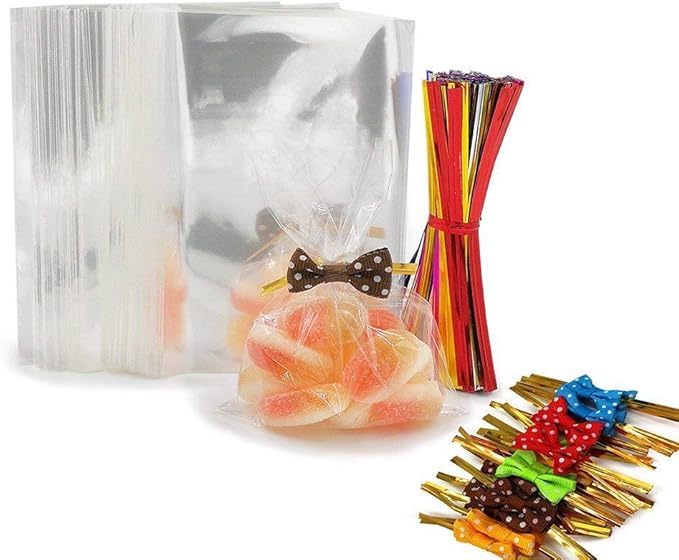 200 Clear Treat Bags with 200 Pcs Twist Ties 20 Bowknot 5