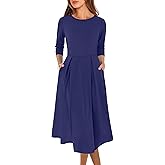 Prinbara Women's 3/4 Sleeve Midi Dresses 2025 Fall Casual Boho A-Line Flowy Swing Summer Floral T Shirt Dress with Pockets