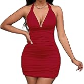 un tercio Women's Deep V Neck Ruched Sexy Bodycon Dress for Club Party with 4 Shoulder Strap Adjustment Buckles