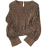 Floerns Women's Elegant Long Sleeve Blouse Tops Pearl Beaded Crewneck Dressy Casual Outfit