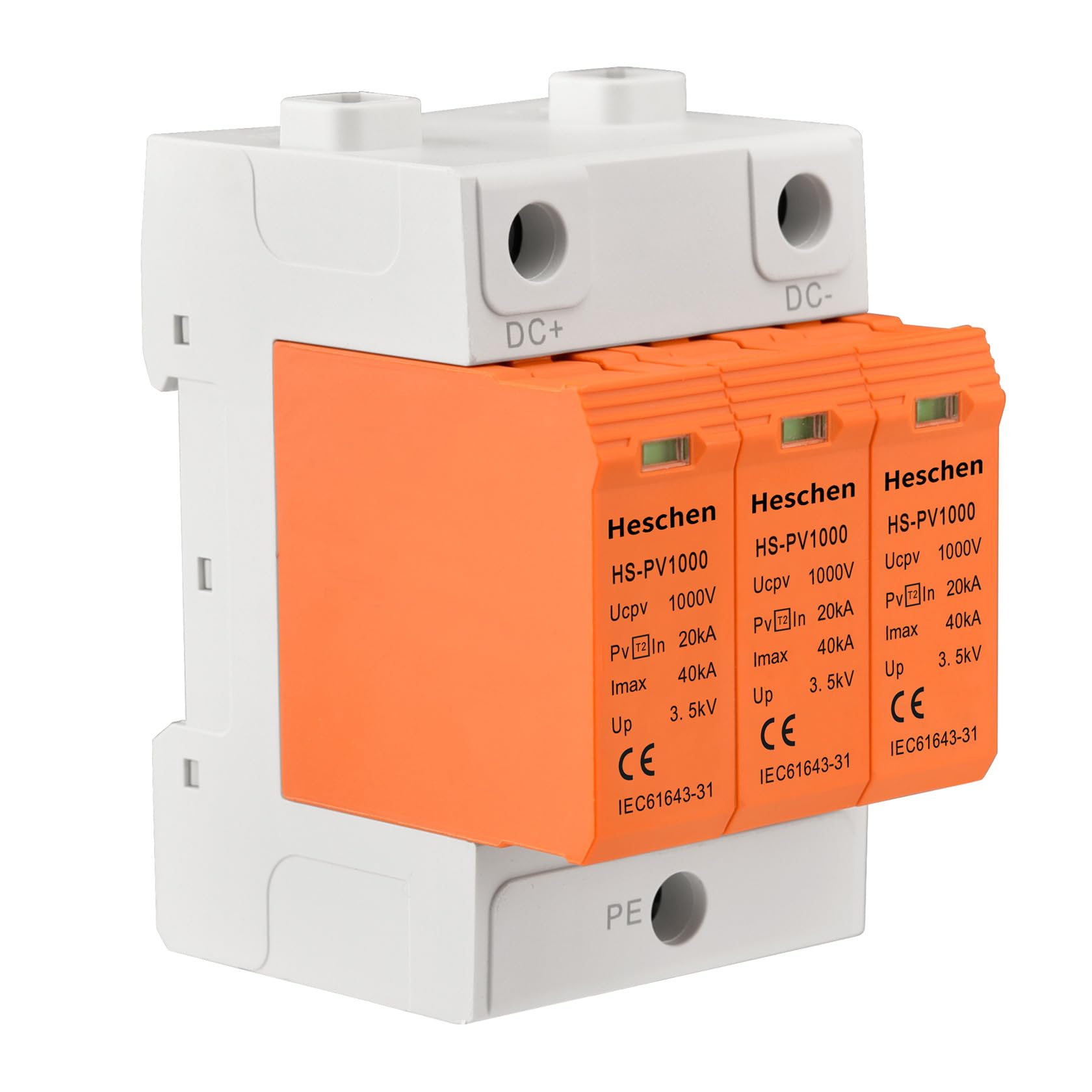 Heschen Surge Protective Device for PV, HS-PV1000, 3P 1000VDC 20KA, Fire-Proof, 35mm DIN Rail Mounting