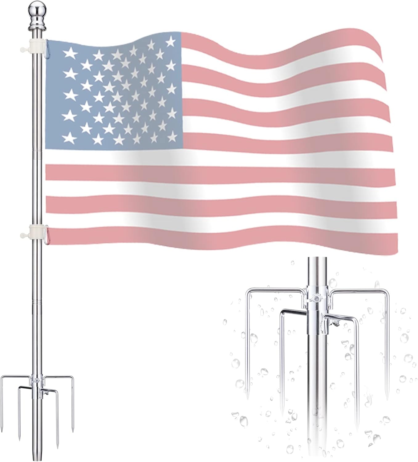 Flagpole Hardware - Flag Poles for Outside in Ground - 8ft Flag Pole for House Ground with 5 Pronges Base - Stainless Steel Heavy Duty Outdoor Yard Flag Pole Kit for American Flag Garden Decoration