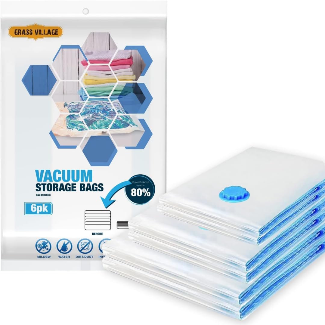 GrassVillage Vacuum Storage 6 Bags| Save 80% More Space | Vacuum Compression Reusable Storage Bags for Duvets, Beddings, Pillows, Curtains & Towels | Comes with Secure Double Zip + Valve (Medium Size)