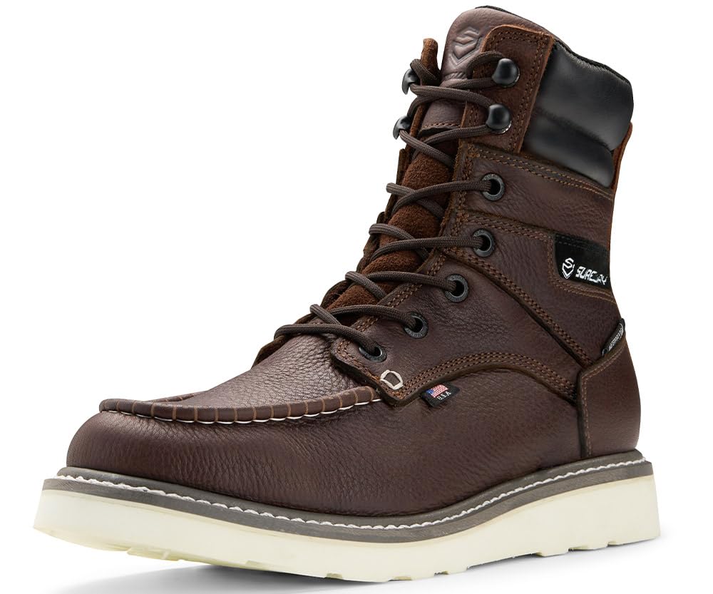 Photo 1 of SUREWAY Men's 8" Waterproof Soft Toe Work Boots,Construction Industrial Safety Boot,Breathable Leather with Moc Toe,Slip Resistant Wedge Outsole and Comfort Insole,EH Rated,Lace Up