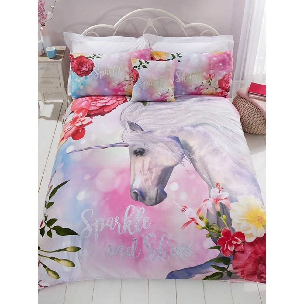 Kids Unicorn Bedding Set - Sparkly Unicorn Children's Duvet Cover Set Single size, Pink — image 1