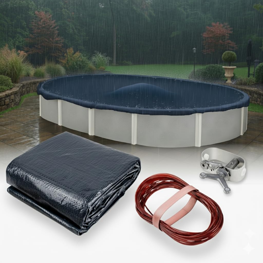 Winter Block Premium Winter Pool Cover for Above Ground Oval Pool, 12' x 18' Ft., Aboveground Pools Winter Cover, Heavy Duty, Includes Winch and Cable, UV Protection, Solid Blue