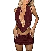 SweatyRocks Women's 2 Piece Skirt Sets Texture Open Back Halter Crop Top and Mini Skirt Y2k Going Out Outfits