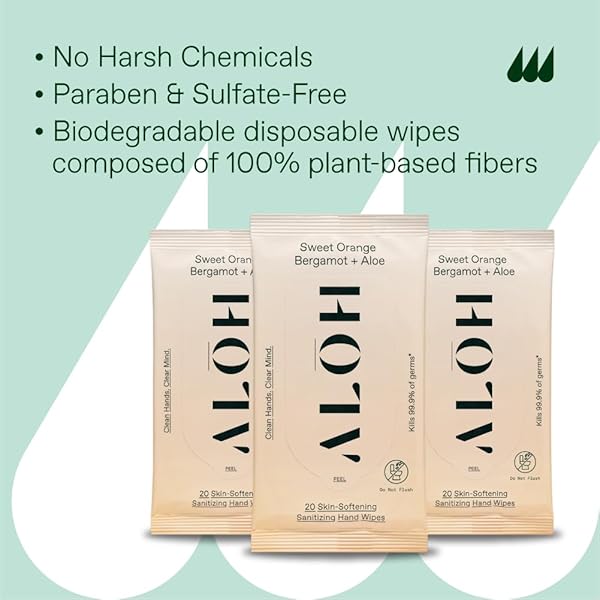 ALŌH SWEET ORANGE BERGAMOT + ALOE SANITIZING HAND WIPES – CLEAN HANDS, CLEAR MIND – ON THE GO HAND SANITIZING WIPES FOR KIDS AND ADULTS – TRAVEL SIZE 3 PACK 20CT WIPES (60 WIPES)