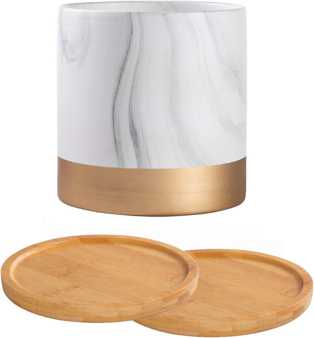 6 Inch Plant Pot with 2PCS Bamboo Plant Saucer, Marble Ceramic Planter Indoor Flower Containers with Gold Texure for Garden Decor Herb