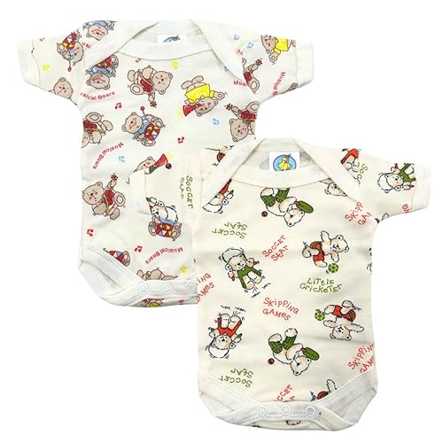 Junior Joy Premature Printed Baby Bodysuits, Cream Colour, 100% Combed Cotton, Super Soft, Short Sleeves, Envelope Neck, Popper Fastening for Easy Nappy Change, Machine Washable, Pack of 2