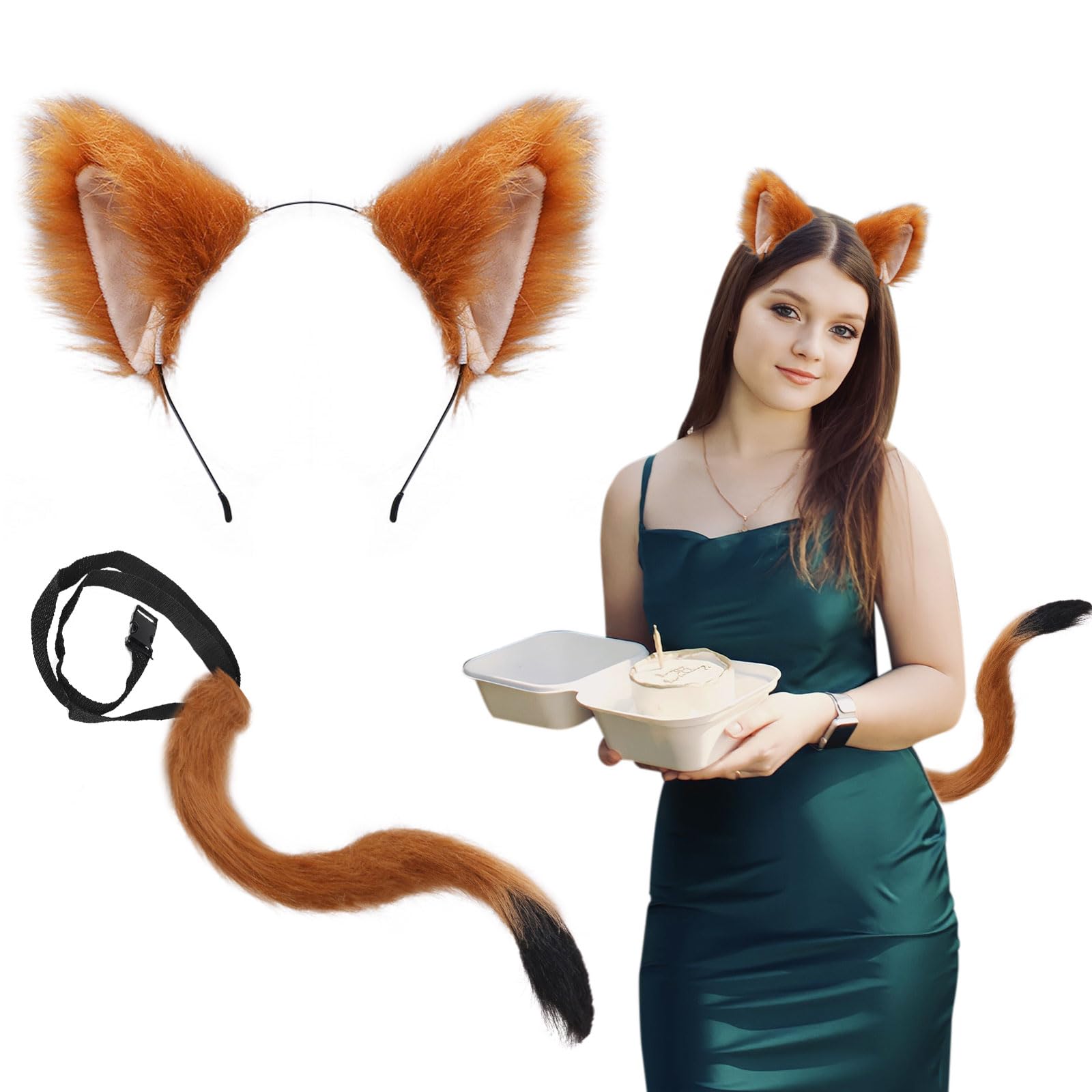 TSHAOUN Brown Fox Ears Headband Faux Fox Tail Animal Costume for Fancy Dress Up Cosplay Halloween Show