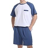 Guriyzee Mens Pajamas Set Summer Pjs Sleepwear Lightweight Loungewear Soft Short Sleeve Sleep Set With Pocket S-2XL
