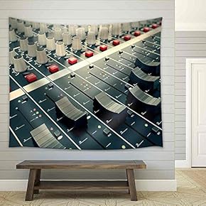 Side Closeup on a Sliders of a Mixing Console. - Fabric Wall Tapestry Home Decor - 51x60 inches
