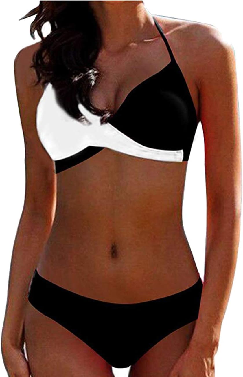 Women Colorblock Twist Halter Push Up Padded 2 Piece Bikini Swimsuit Bathing Suit