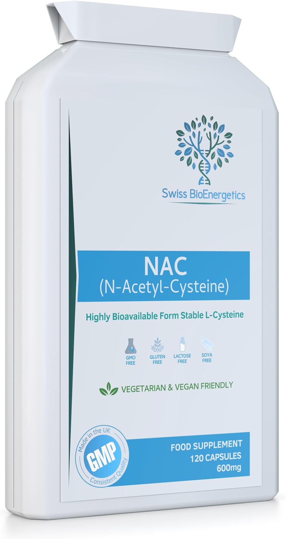 Swiss BioEnergetics N-Acetyl Cysteine 600mg 120 Capsules Vegan