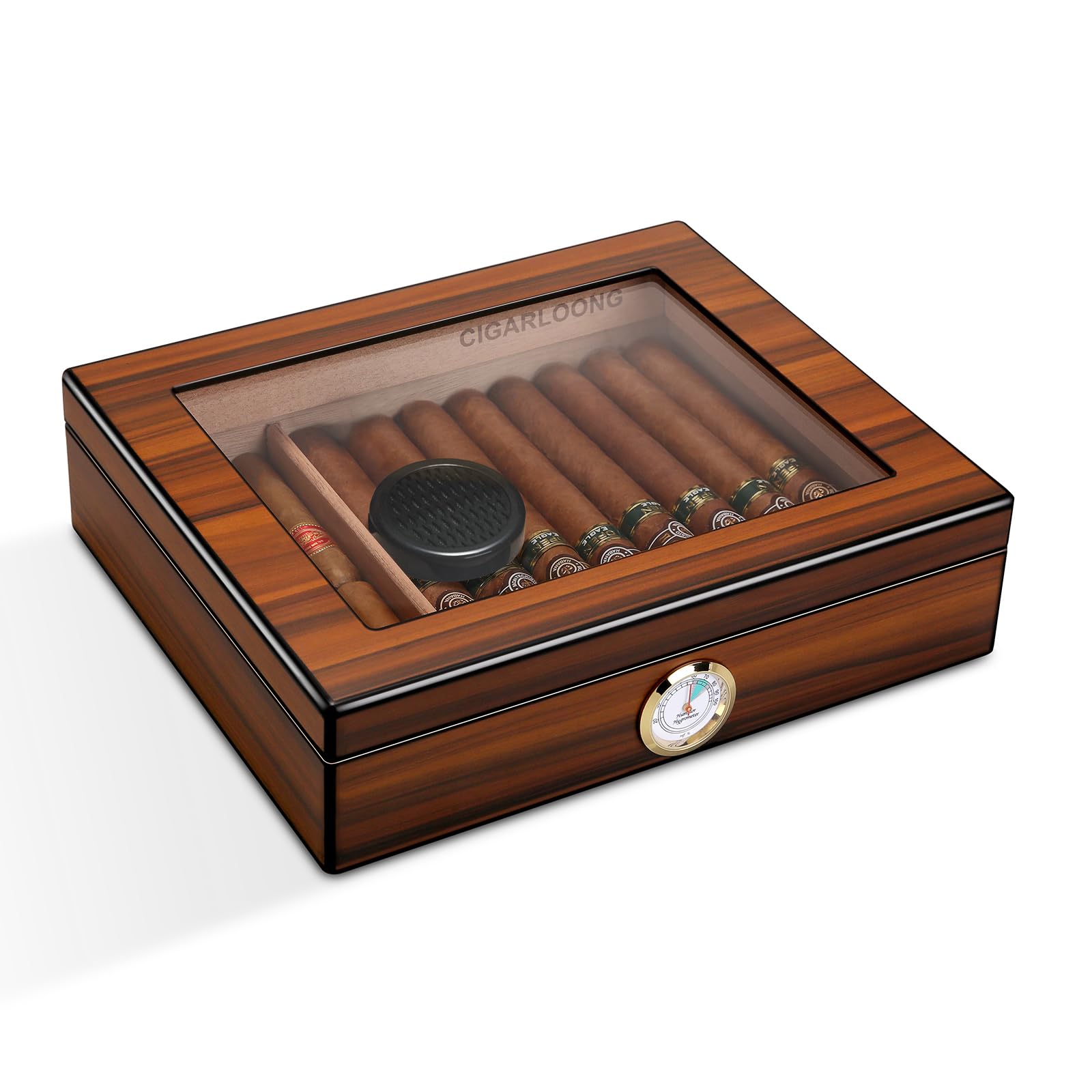 CIGARLOONG Cigar Humidor Brown 20-25 Desktop Cedar Wood Lined Cigar Storage Box with Hygrometer and Humidifier (Small)