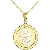 14K Yellow Gold Reversible Round Sagittarius Zodiac Sign Pendant With Cable, Curb or Figaro Chain Necklace