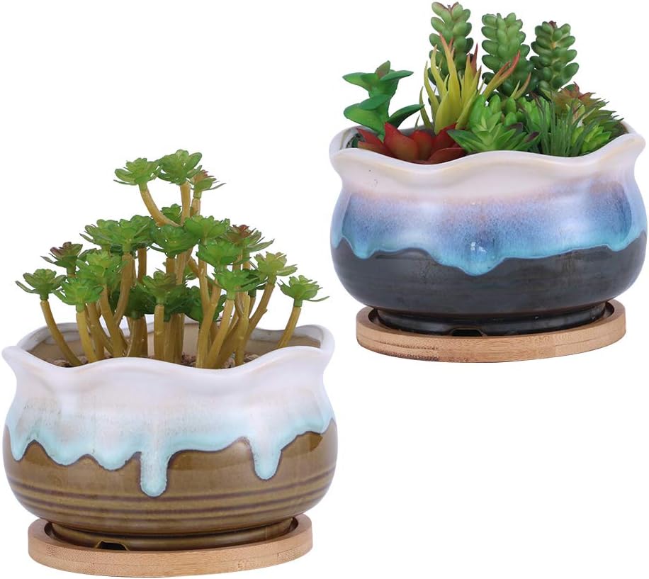 Succulent Pots 5.5 Inch Small Flower Pots Indoor Ceramic Planter Plant Containers with Bamboo Tray and Drainage Hole 2 Pack