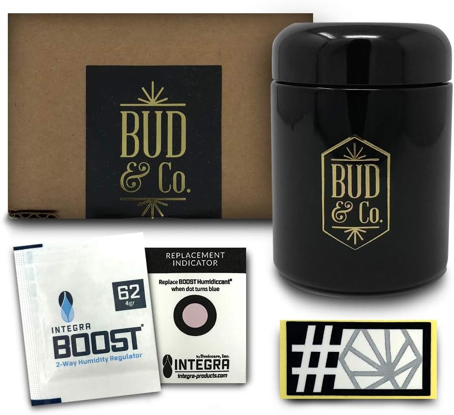 Buddy Dry Herb Half Oz Container Jar w/Humidity Preservation Pack (250 mL) Smell Proof, Airtight Lid | Heavy-Duty, UV-Resistant Glass | Keeps Coffee Grounds, Tea Leaves, Spices Fresh