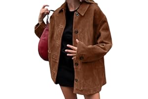 chouyatou Women's Fall Boyfriend Faux Suede Leather Jacket Casual Midi Long Button Down Shacket Coat