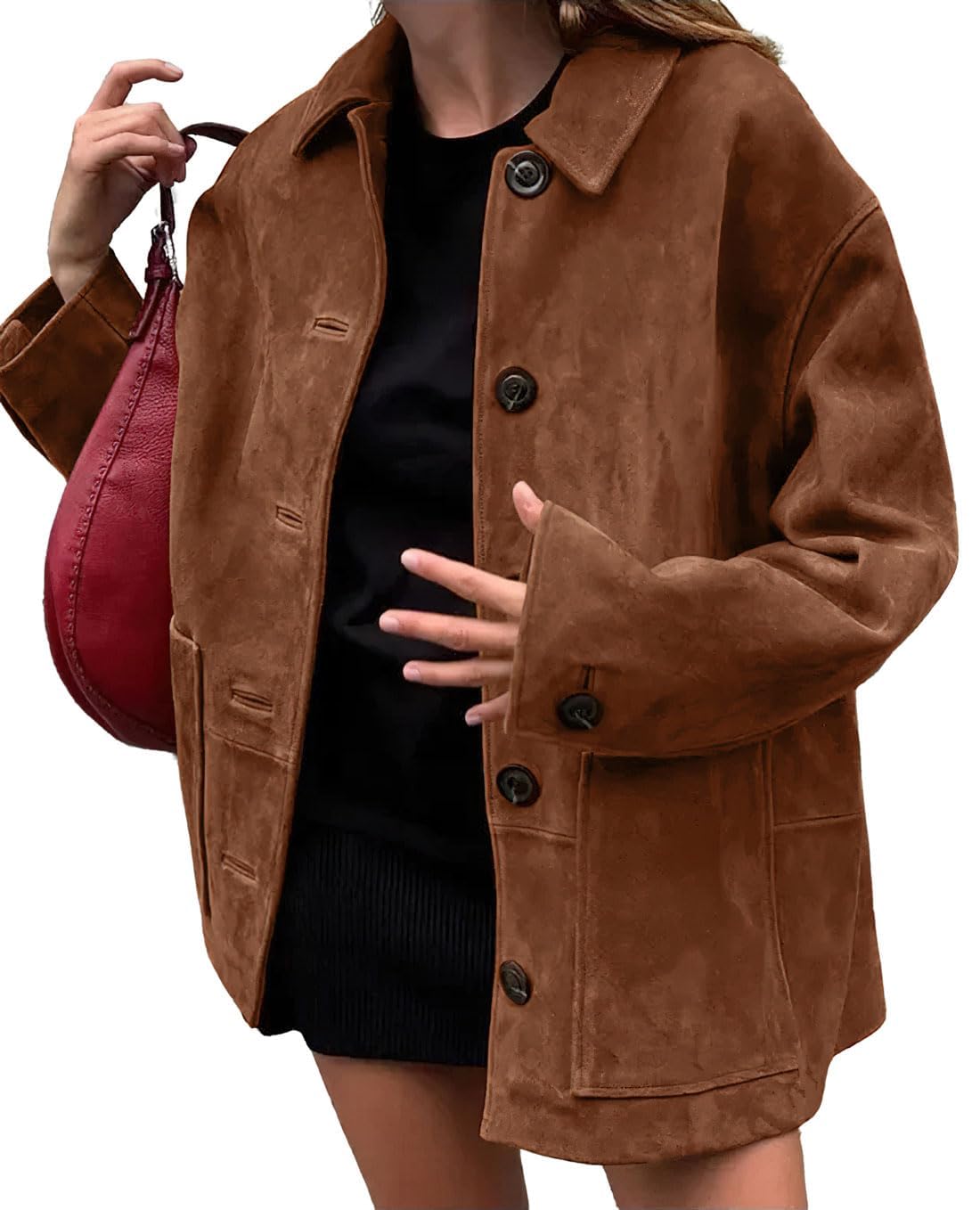View 1 of **NOT LEATHER FAUX SUEDE LIKE MATERIAL*** chouyatou Women's Fall Boyfriend Faux Suede Leather Jacket Casual Midi Long Button Down Shacket Coat (Large, Brown)