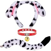 JIALWEN Dalmatian Costume Set Dog Ears Headband and Tail Red Leather Choker Collar with Gold Bell Puppy Animal Halloween Party Cosplay Dress Up Accessories for Adults