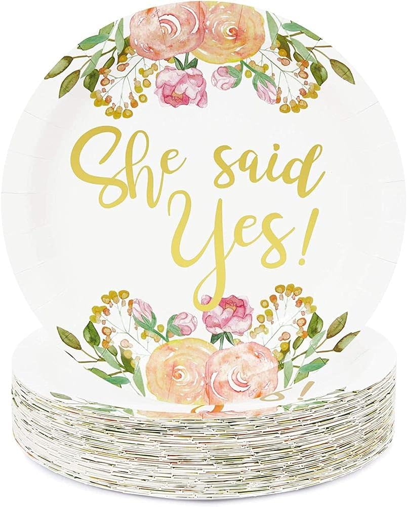 Sparkle and Bash48 Pack Gold Foil She Said Yes Plates for Engagement Party 9 inch - Floral Party Plate - Bridal Shower Decorations, Disposable Bachelorette Supplies, Wedding Cake Celebration