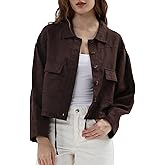 Amazhiyu Womens 100% Linen Crop Cargo Jacket Button Down Long Sleeve Coat Casual
